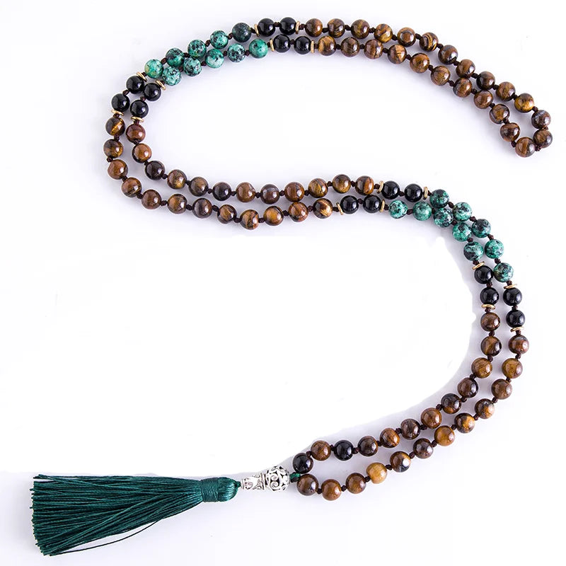 Conjunto Japamala com Olho de Tigre Amarelo, Turquesa Africana e Ônix Negro