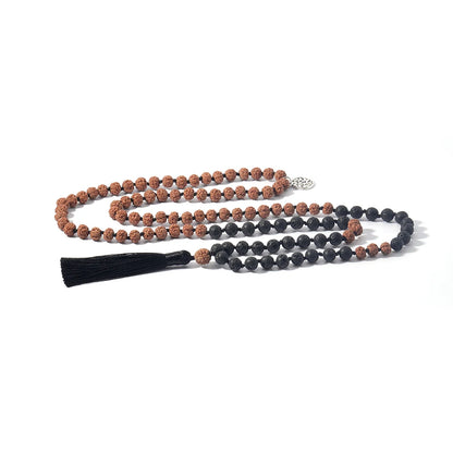 Japamala Premium com 108 Contas de Rudraksha e Lava Negra com Nós