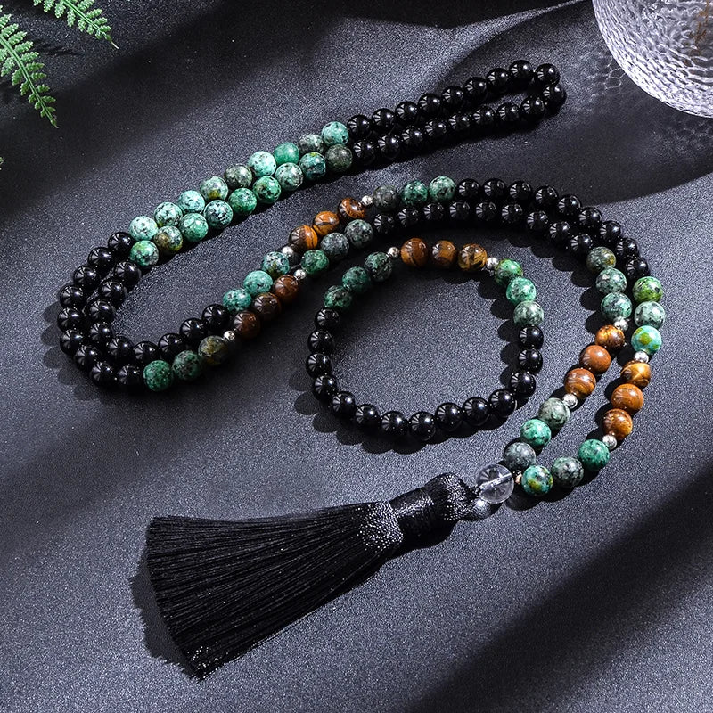 Conjunto Japamala com 108 Contas de Turquesa Africana, Ônix Negro e Olho de Tigre Amarelo