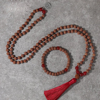 Conjunto Premium Japamala com 108 Contas de Rudraksha e Ágata Vermelha
