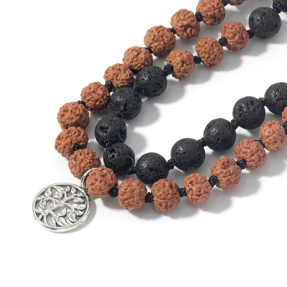 Japamala Premium com 108 Contas de Rudraksha e Lava Negra com Nós