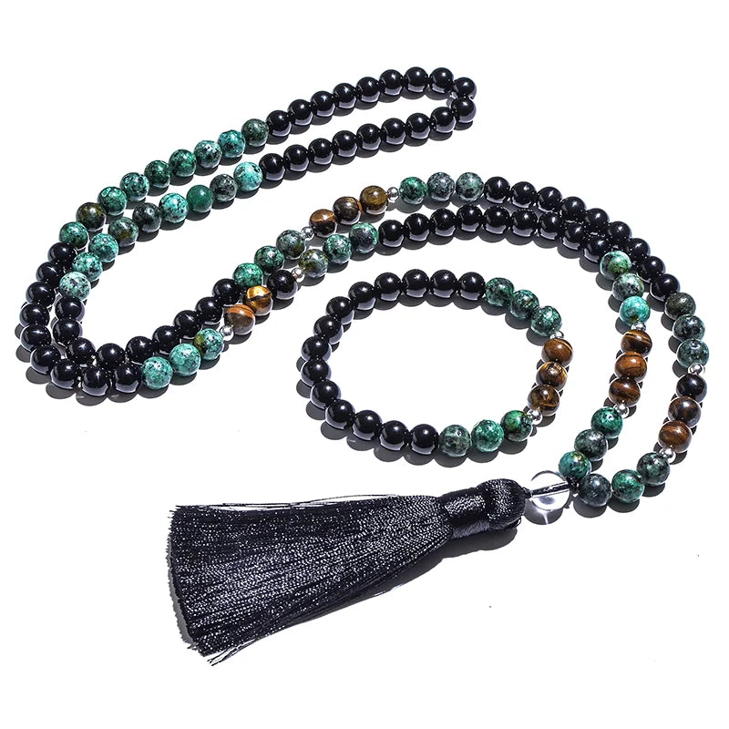 Conjunto Japamala com 108 Contas de Turquesa Africana, Ônix Negro e Olho de Tigre Amarelo