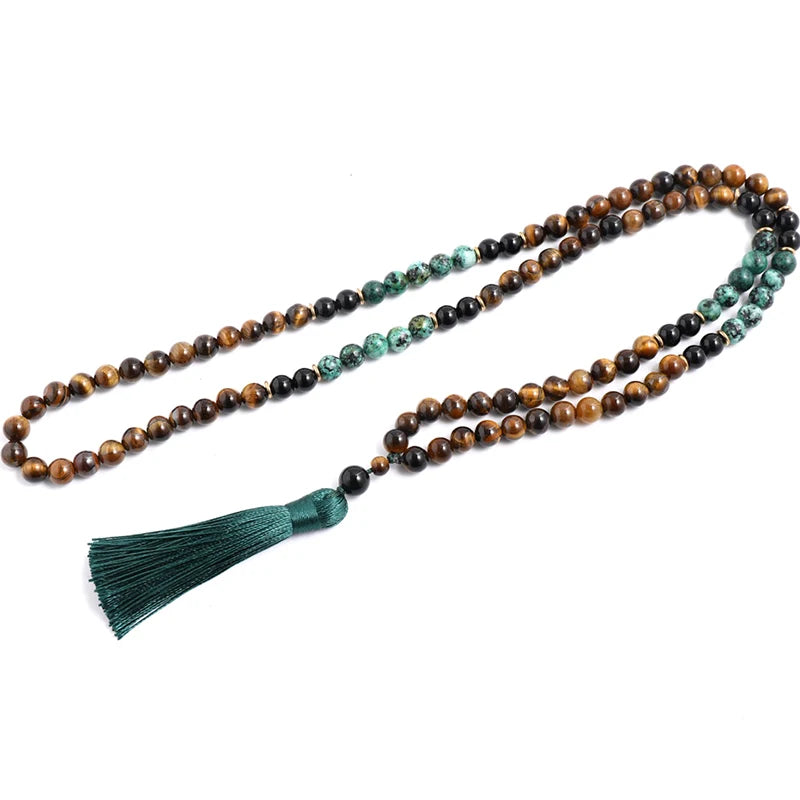 Conjunto Japamala com Olho de Tigre Amarelo, Turquesa Africana e Ônix Negro