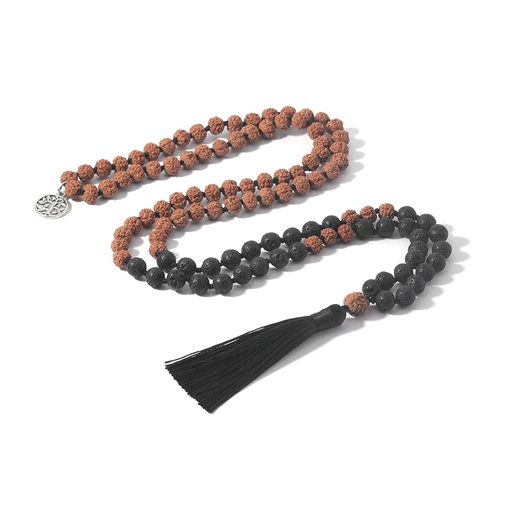 Japamala Premium com 108 Contas de Rudraksha e Lava Negra com Nós