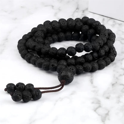 Colar Mala Premium com 108 Contas de Pedra de Lava Negra Natural