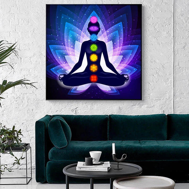 Quadro Premium Buda Indiano em Meditação com os 7 Chakras