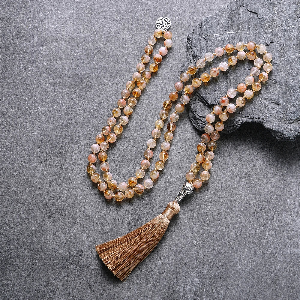 Conjunto Premium Japamala com 108 Contas de Citrino 8mm com Nós
