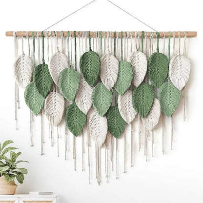 Tapeçaria Macramê Boho Premium — Folhas e Penas para Decoração