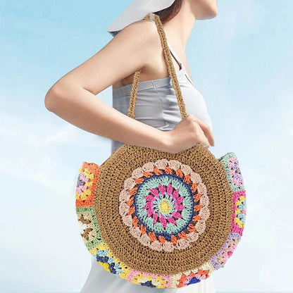 Ethnic Style Beach Handbag Summer Large Capacity Fashion Tote Women Handmade Woven Shoulder Bag Round Straw Weaving Underarm Bag - Aloha Spirit Store