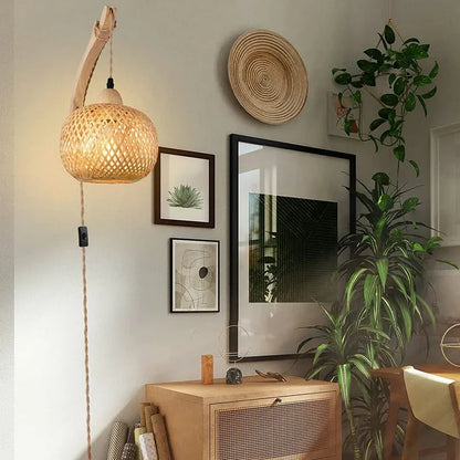 Luminária de Parede Premium em Bambu e Rattan Natural