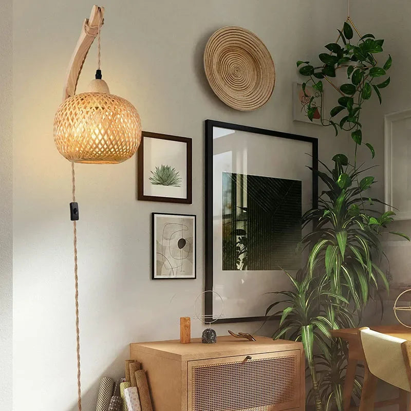 Luminária de Parede Premium em Bambu e Rattan Natural