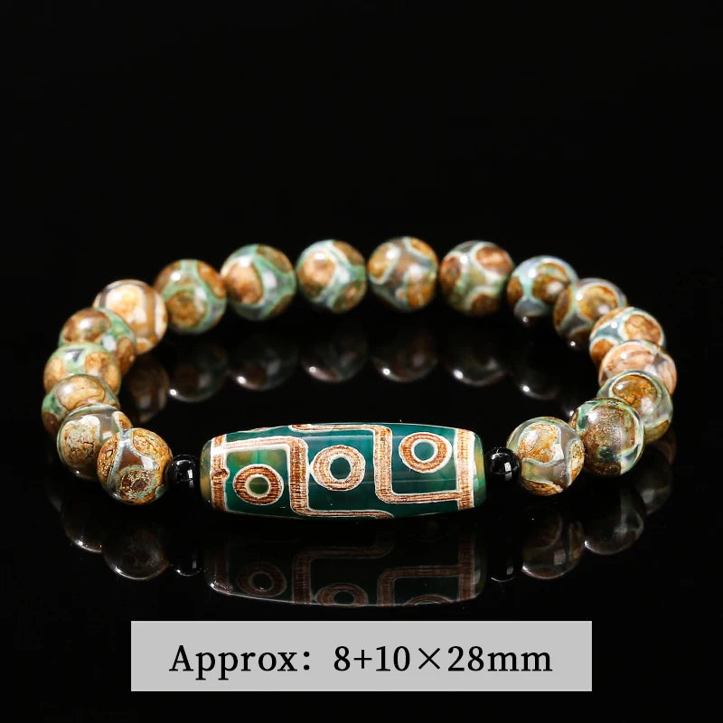 Pulseira Tibetana Premium JD com Ágata Dzi de Nove Olhos Verde Natural