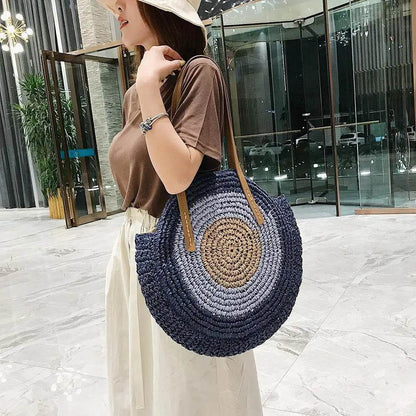 Ethnic Style Beach Handbag Summer Large Capacity Fashion Tote Women Handmade Woven Shoulder Bag Round Straw Weaving Underarm Bag - Aloha Spirit Store