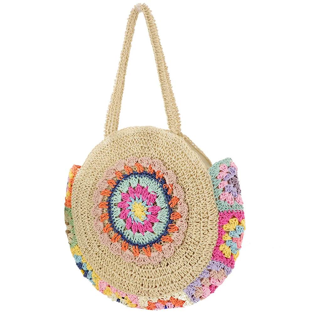 Ethnic Style Beach Handbag Summer Large Capacity Fashion Tote Women Handmade Woven Shoulder Bag Round Straw Weaving Underarm Bag - Aloha Spirit Store