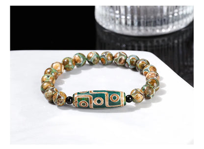 Pulseira Tibetana Premium JD com Ágata Dzi de Nove Olhos Verde Natural