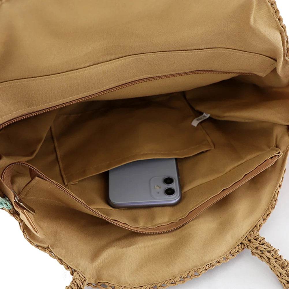 Ethnic Style Beach Handbag Summer Large Capacity Fashion Tote Women Handmade Woven Shoulder Bag Round Straw Weaving Underarm Bag - Aloha Spirit Store