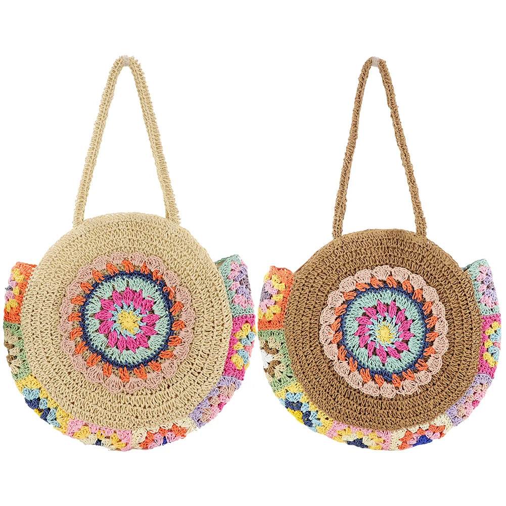 Ethnic Style Beach Handbag Summer Large Capacity Fashion Tote Women Handmade Woven Shoulder Bag Round Straw Weaving Underarm Bag - Aloha Spirit Store
