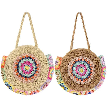 Ethnic Style Beach Handbag Summer Large Capacity Fashion Tote Women Handmade Woven Shoulder Bag Round Straw Weaving Underarm Bag - Aloha Spirit Store