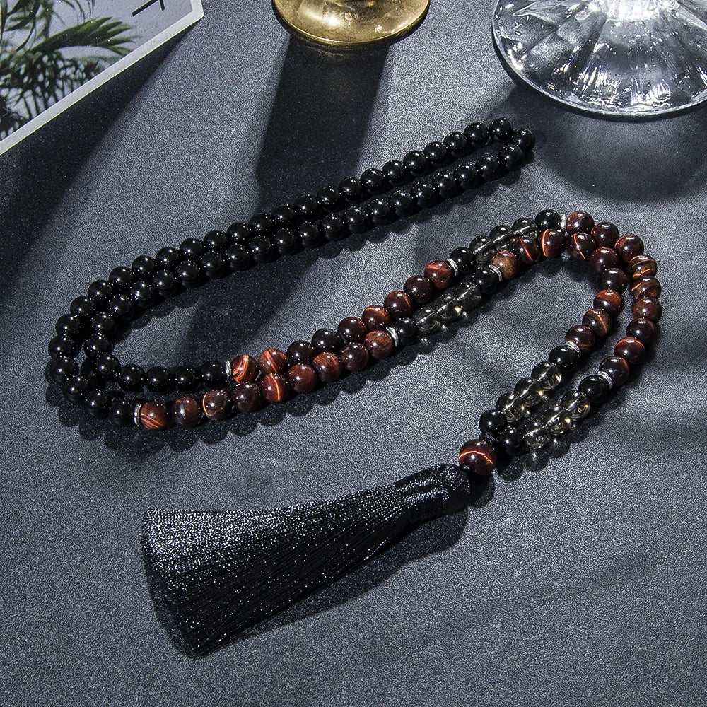 Conjunto Japamala com 108 Contas de Olho de Tigre Vermelho e Ônix Negro 8mm