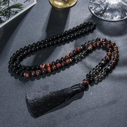 Conjunto Japamala com 108 Contas de Olho de Tigre Vermelho e Ônix Negro 8mm