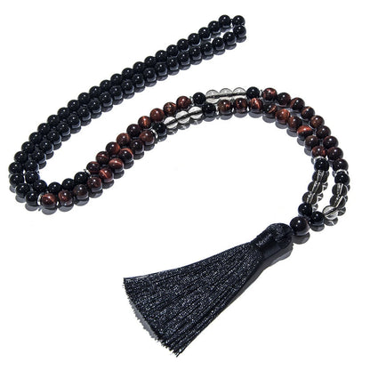 Conjunto Japamala com 108 Contas de Olho de Tigre Vermelho e Ônix Negro 8mm