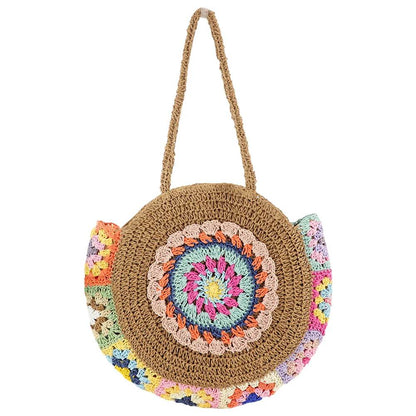 Ethnic Style Beach Handbag Summer Large Capacity Fashion Tote Women Handmade Woven Shoulder Bag Round Straw Weaving Underarm Bag - Aloha Spirit Store