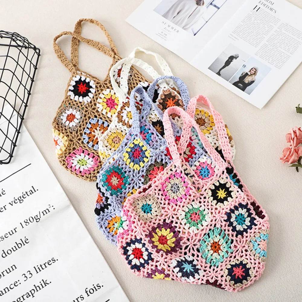Large Capacity Fashion Cut-out Boho Tote Bag Trendy Floral Crochet Handmade Knitted Bag Vintage Multicolor Hollow Out Handbag - Aloha Spirit Store