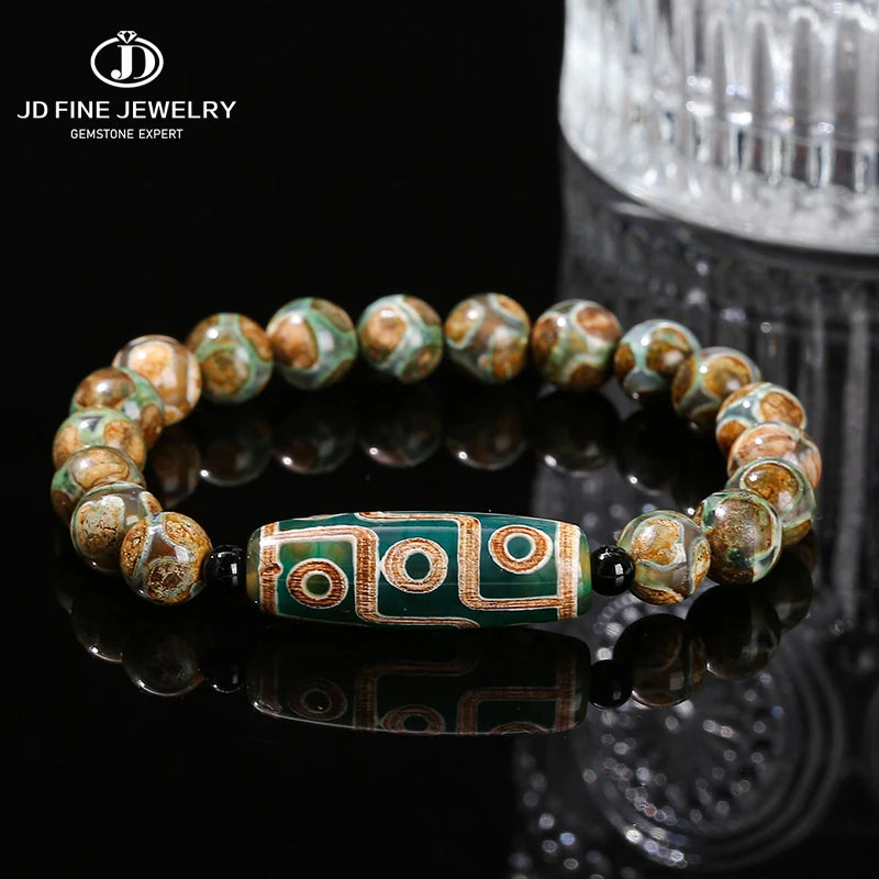 Pulseira Tibetana Premium JD com Ágata Dzi de Nove Olhos Verde Natural