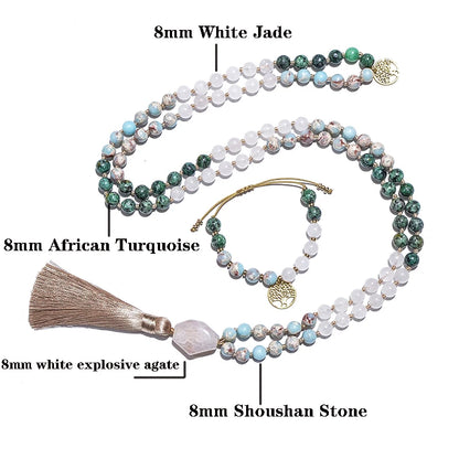 Japamala Premium com 108 Contas de Turquesa Africana Branca 8mm