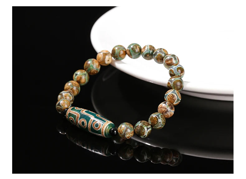 Pulseira Tibetana Premium JD com Ágata Dzi de Nove Olhos Verde Natural