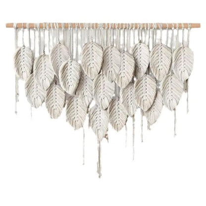 Tapeçaria Macramê Boho Premium — Folhas e Penas para Decoração