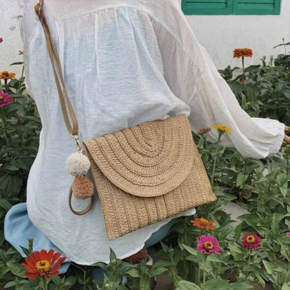 Summer Beach Straw Clutch Bag Cute Ball Pendant Crossbody Bag for Women Travel Shoulder Bags Purse Ladies Casual Bags Wicker Bag - Aloha Spirit Store