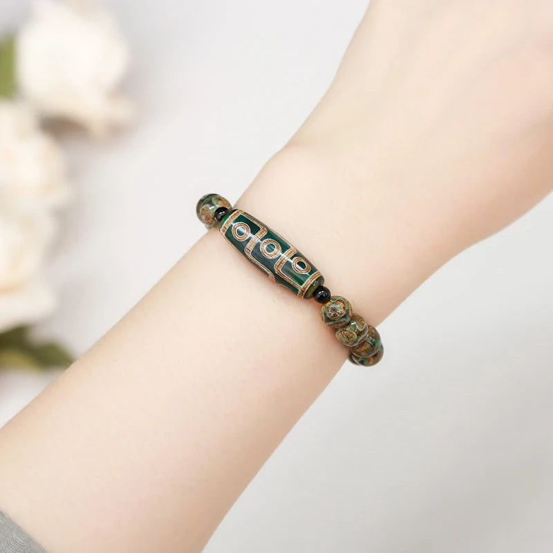 Pulseira Tibetana Premium JD com Ágata Dzi de Nove Olhos Verde Natural