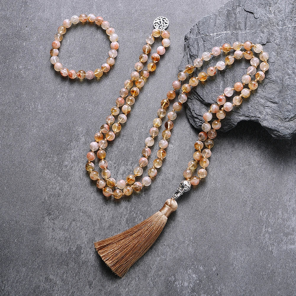 Conjunto Premium Japamala com 108 Contas de Citrino 8mm com Nós