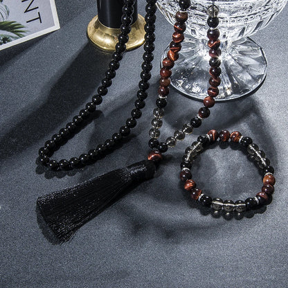 Conjunto Japamala com 108 Contas de Olho de Tigre Vermelho e Ônix Negro 8mm