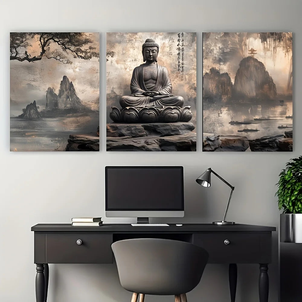 Kit Premium com 3 Quadros Buda Zen em Meditação