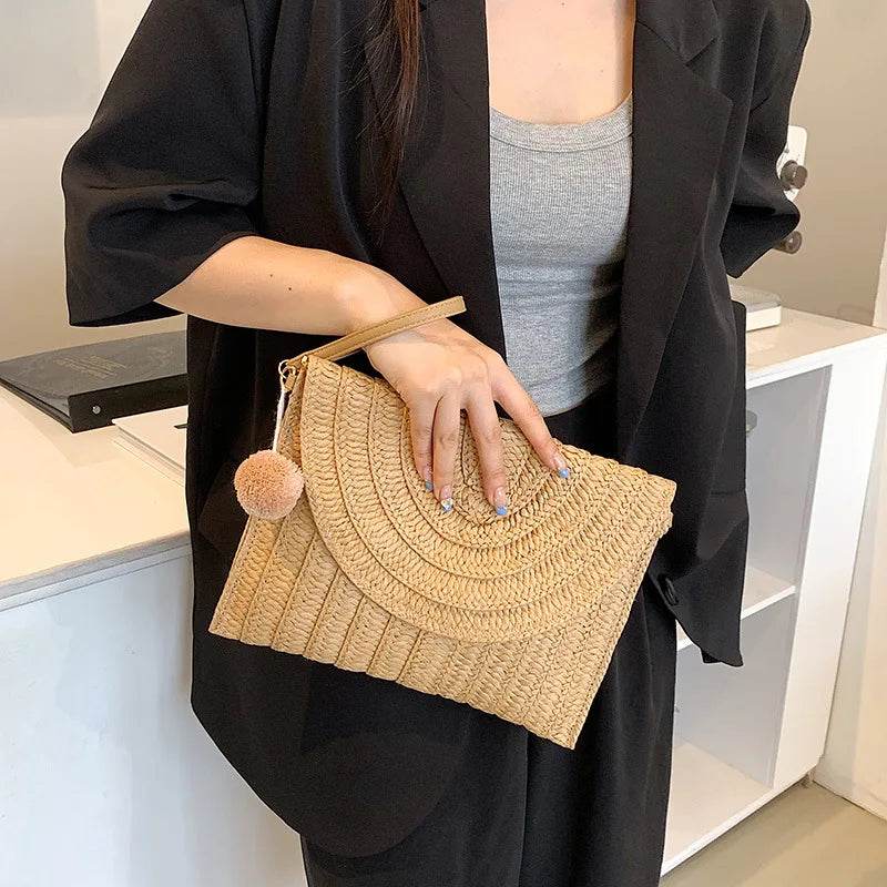 Summer Beach Straw Clutch Bag Cute Ball Pendant Crossbody Bag for Women Travel Shoulder Bags Purse Ladies Casual Bags Wicker Bag - Aloha Spirit Store