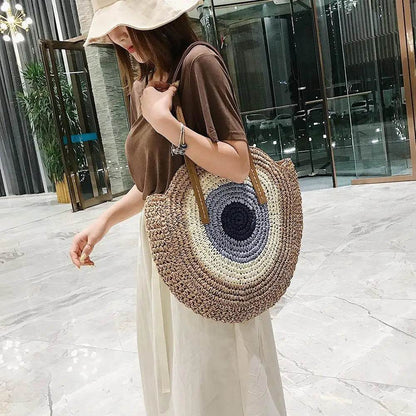 Ethnic Style Beach Handbag Summer Large Capacity Fashion Tote Women Handmade Woven Shoulder Bag Round Straw Weaving Underarm Bag - Aloha Spirit Store