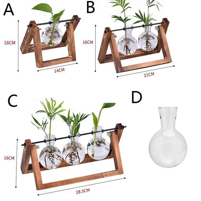 Hydroponic Plant Vases Glass Vase Vintage Bonsai Flower Pot Terrarium Tabletop Tray Wooden Frame Home Decor - Aloha Spirit Store