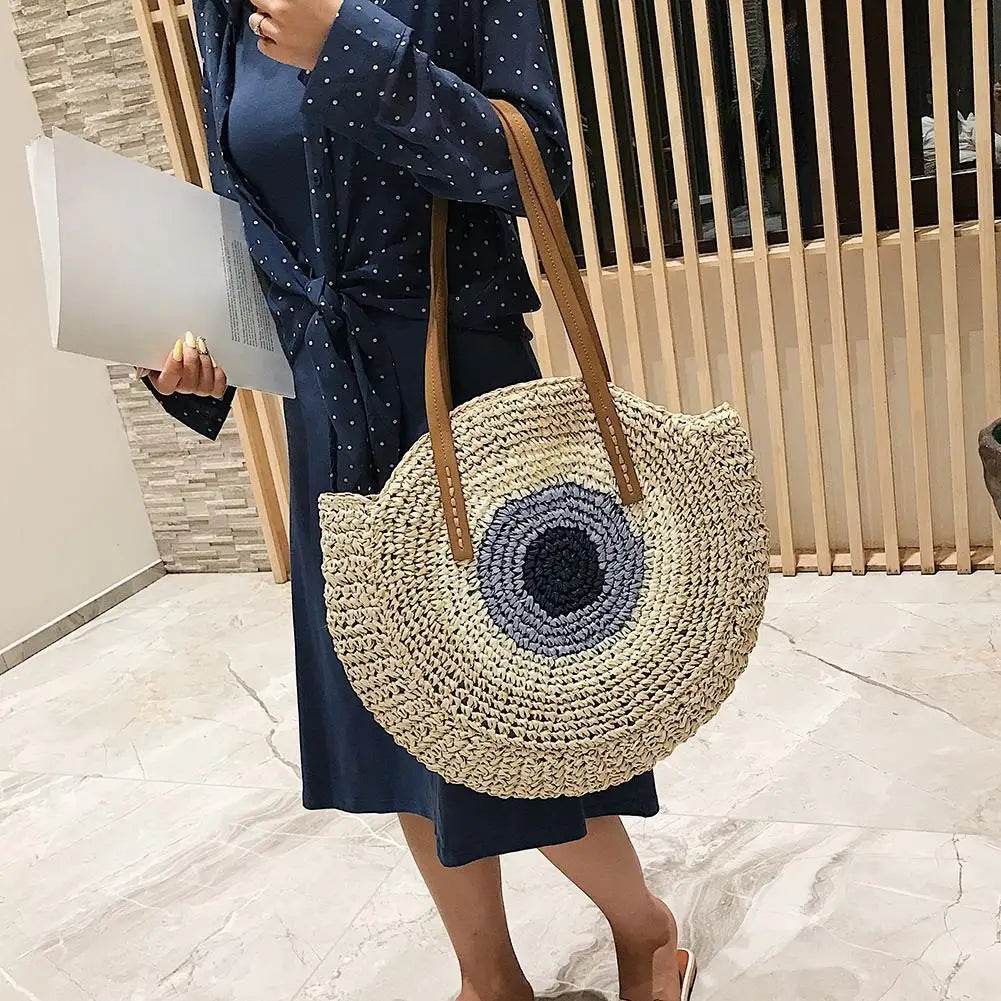 Ethnic Style Beach Handbag Summer Large Capacity Fashion Tote Women Handmade Woven Shoulder Bag Round Straw Weaving Underarm Bag - Aloha Spirit Store