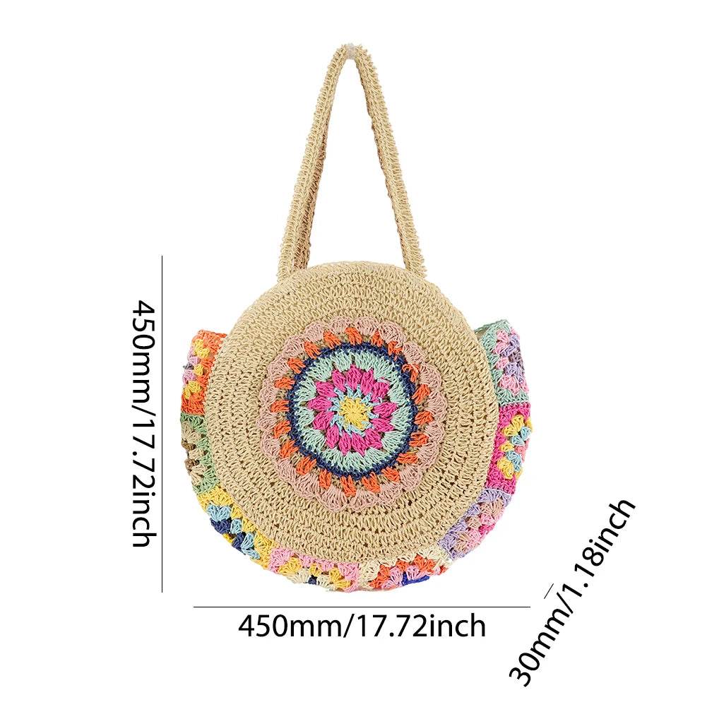Ethnic Style Beach Handbag Summer Large Capacity Fashion Tote Women Handmade Woven Shoulder Bag Round Straw Weaving Underarm Bag - Aloha Spirit Store