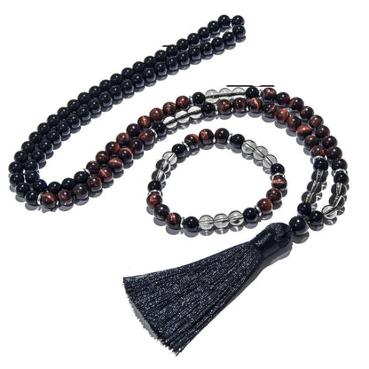 Conjunto Japamala com 108 Contas de Olho de Tigre Vermelho e Ônix Negro 8mm