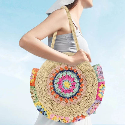 Ethnic Style Beach Handbag Summer Large Capacity Fashion Tote Women Handmade Woven Shoulder Bag Round Straw Weaving Underarm Bag - Aloha Spirit Store