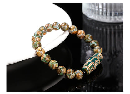 Pulseira Tibetana Premium JD com Ágata Dzi de Nove Olhos Verde Natural