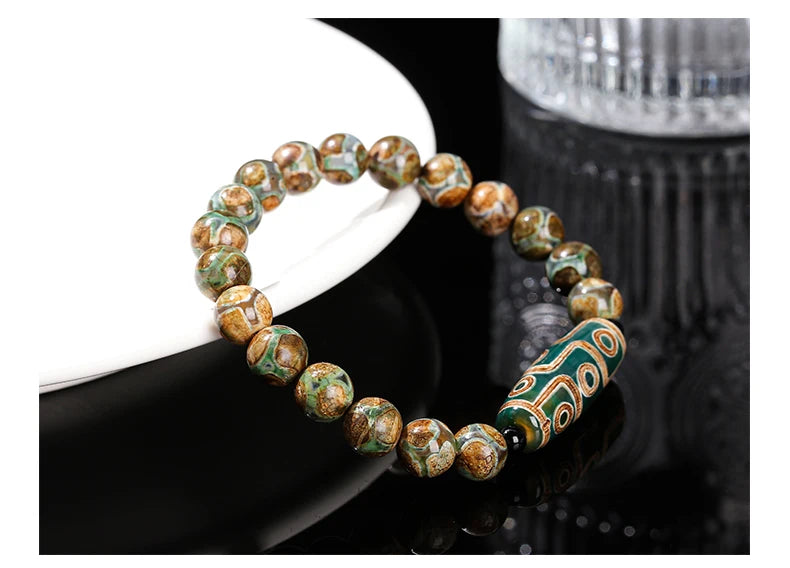 Pulseira Tibetana Premium JD com Ágata Dzi de Nove Olhos Verde Natural