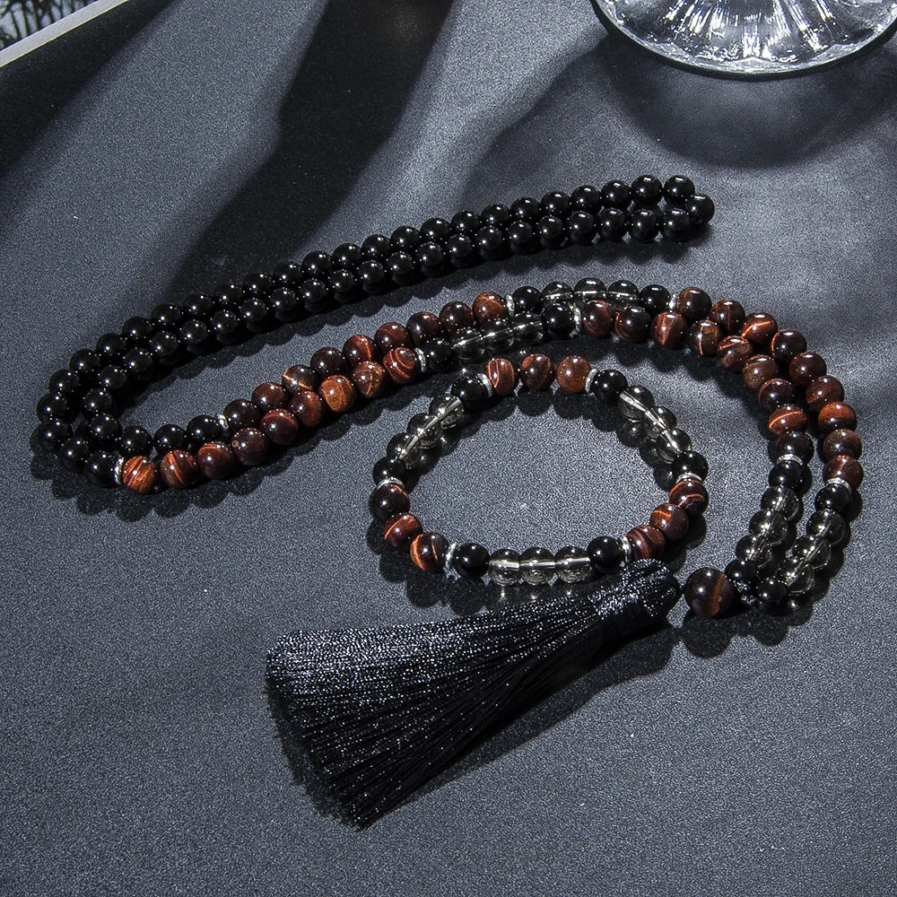 Conjunto Japamala com 108 Contas de Olho de Tigre Vermelho e Ônix Negro 8mm