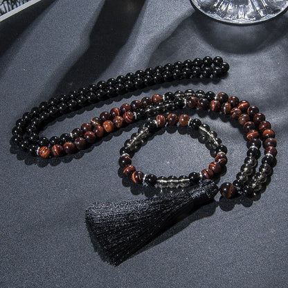 Conjunto Japamala com 108 Contas de Olho de Tigre Vermelho e Ônix Negro 8mm