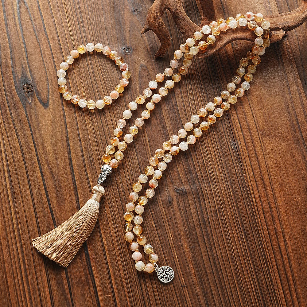 Conjunto Premium Japamala com 108 Contas de Citrino 8mm com Nós