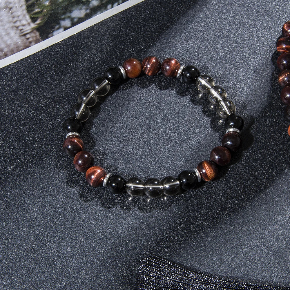 Conjunto Japamala com 108 Contas de Olho de Tigre Vermelho e Ônix Negro 8mm