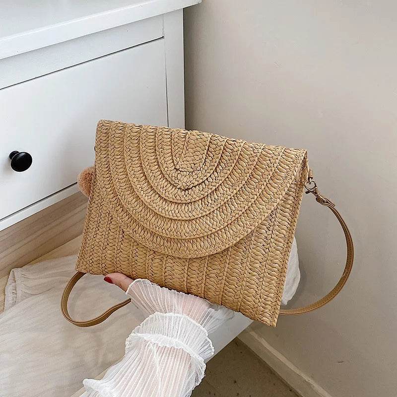 Summer Beach Straw Clutch Bag Cute Ball Pendant Crossbody Bag for Women Travel Shoulder Bags Purse Ladies Casual Bags Wicker Bag - Aloha Spirit Store